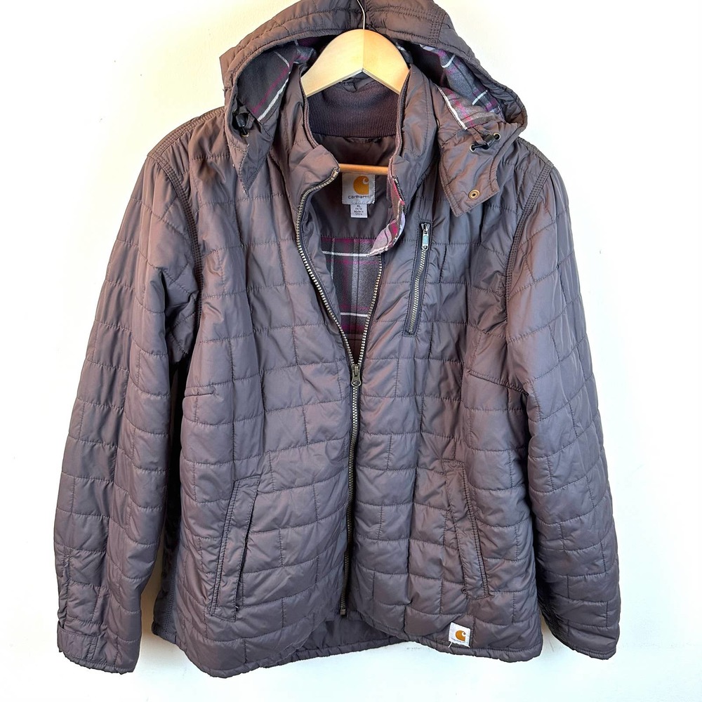 Carhartt Grey Plaid Lining Puffer Zip Hooded Jacket Women’s XL